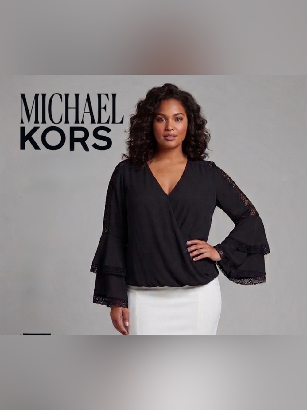 Michael Kors Black Faux-Wrap Chiffon Blouse with Lace & Ruffle Sleeves Size XL